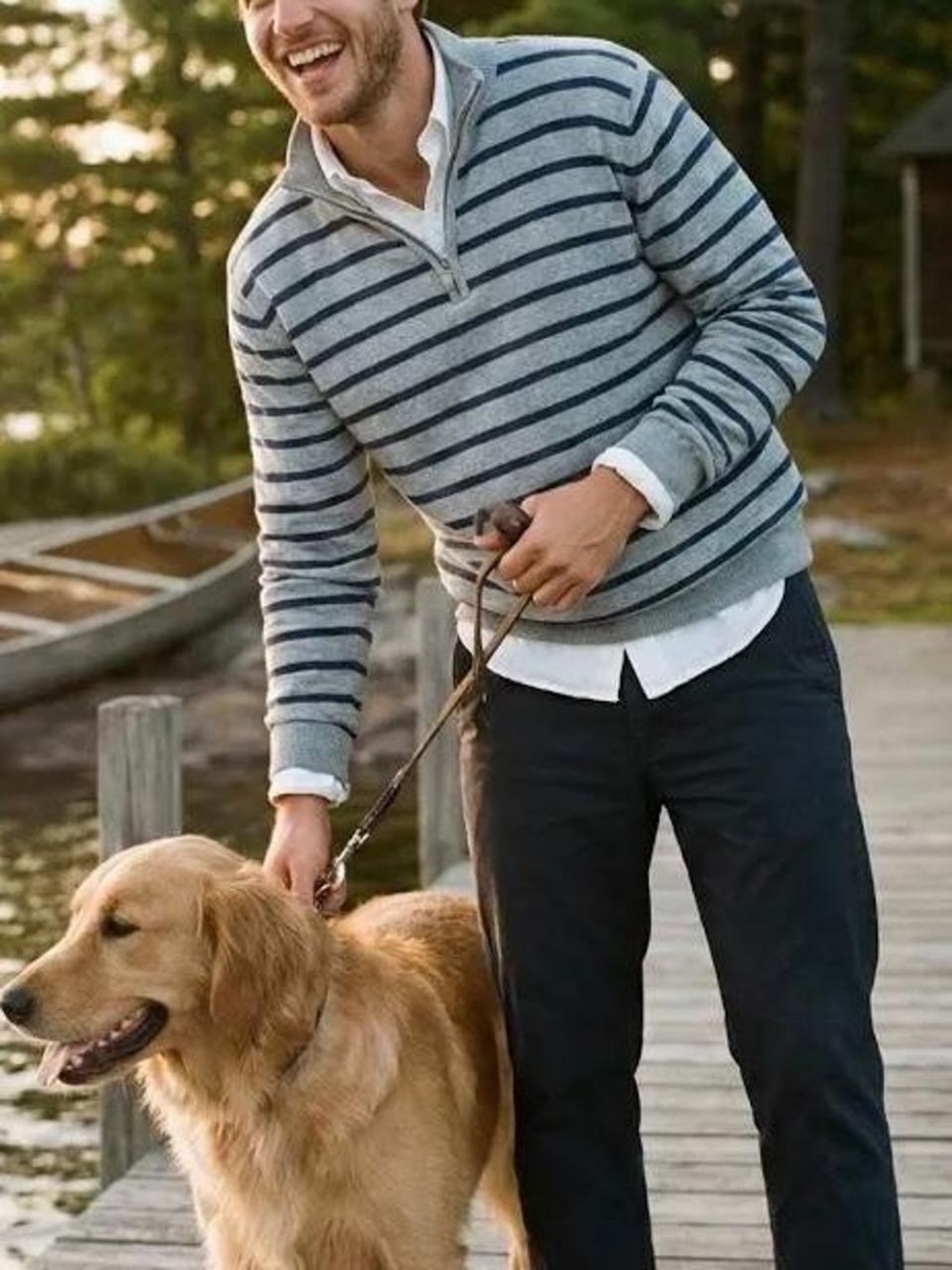 L.L.Bean Grey & Navy Striped Cotton Cashmere Quarter Zip Sweater | L